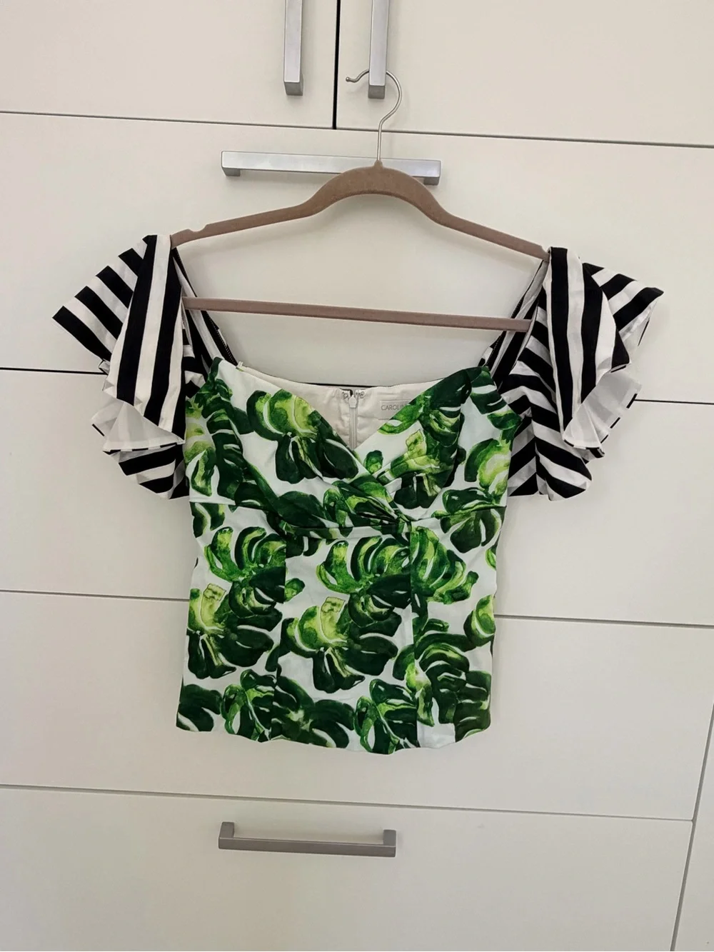Caroline Constas Green Leaf Print Peplum Top with Black & White Stripe Sleeves